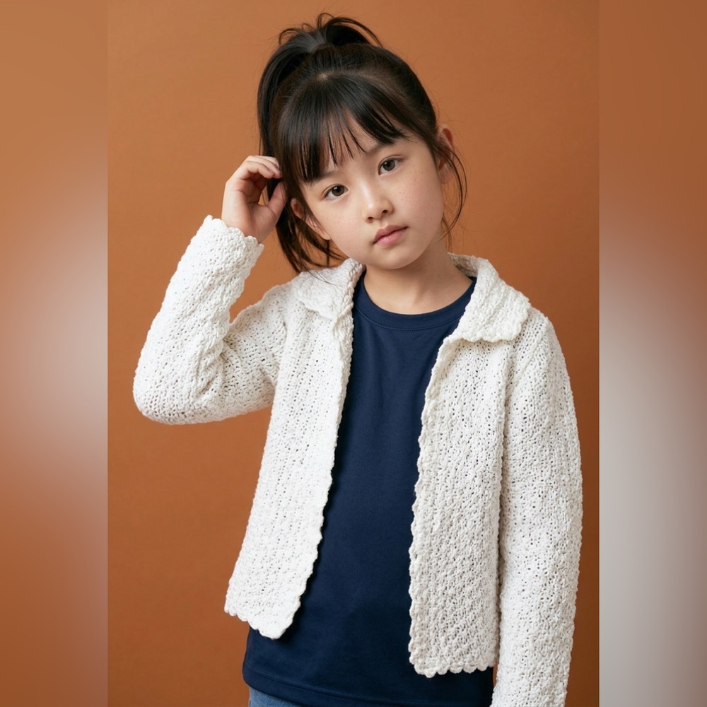 2H Knits Girl’s 4T Cardigan Sweater Open Cozy Chunky Cream White Handmade Cotton